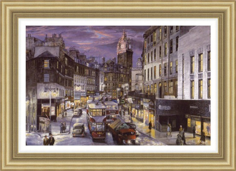 Rush Hour Leith Street, Colour by John M Boyd framed wall art print showing a busy colour view of Leith Street in Edinburgh with traffic, pedestrians, shopfronts and evening city lights