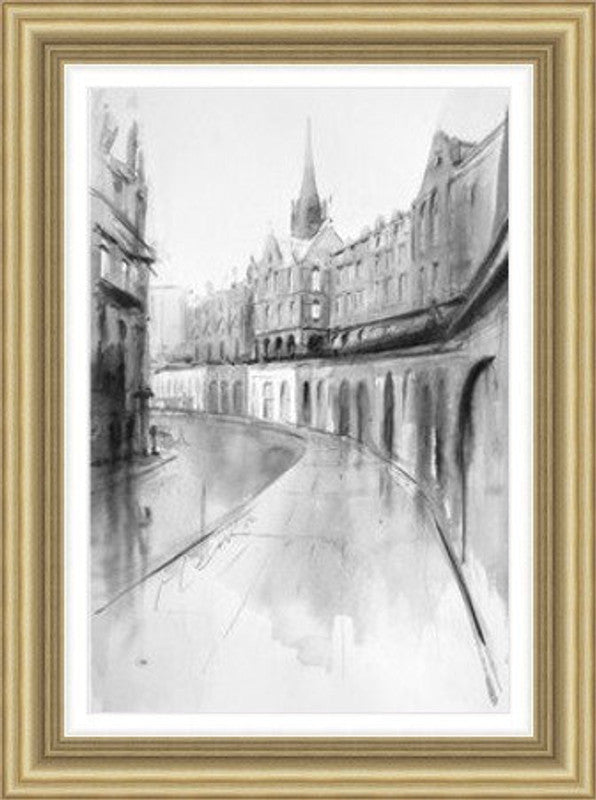 Victoria Street by Ismael Pinteño framed wall art print featuring soft Edinburgh cityscape of Victoria Street with curved historic street facades