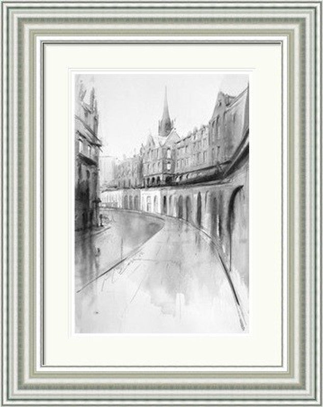 Victoria Street by Ismael Pinteño framed wall art print featuring soft Edinburgh cityscape of Victoria Street with curved historic street facades