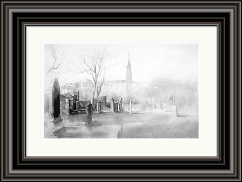 Greyfriars Kirkyard by Ismael Pinteño framed wall art print featuring quiet Edinburgh scene of Greyfriars Kirkyard with historic stone atmosphere