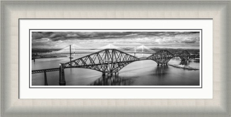The Three Bridges Black and White by Ian Marshall framed wall art print showing the three Forth bridges in a monochrome panoramic view
