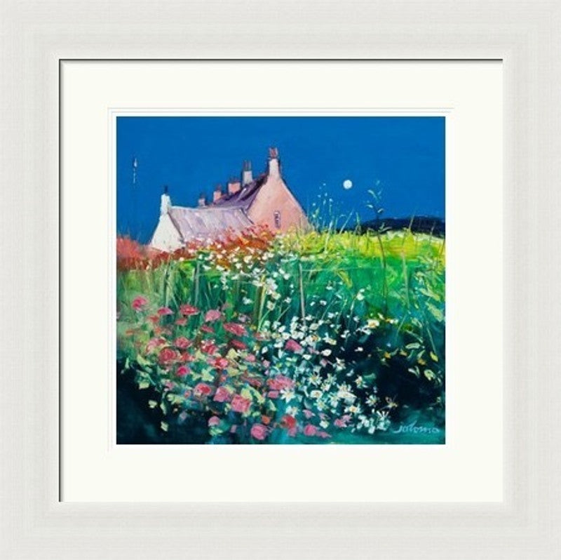 The Garden, Bishop's House, Iona by Jolomo framed wall art print featuring a church or historic building within the scene with colourful flowers and textured foreground detail around Iona