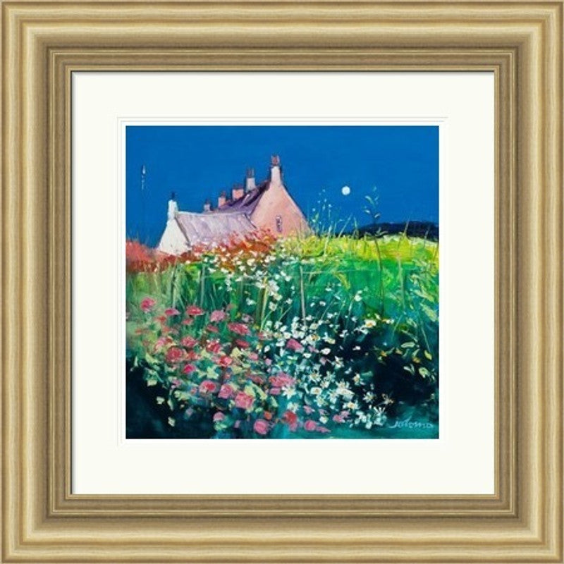The Garden, Bishop's House, Iona by Jolomo framed wall art print featuring a church or historic building within the scene with colourful flowers and textured foreground detail around Iona