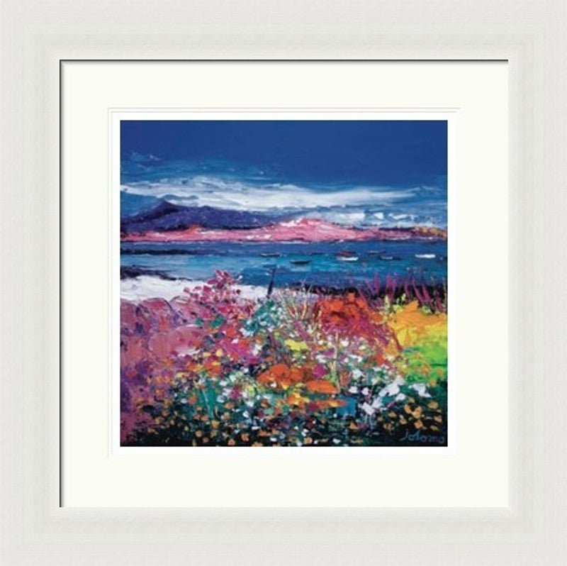 Front Gardens & the Moorings, Iona by Jolomo framed wall art print featuring boats, harbour details and working shoreline character with colourful flowers and textured foreground detail around Iona