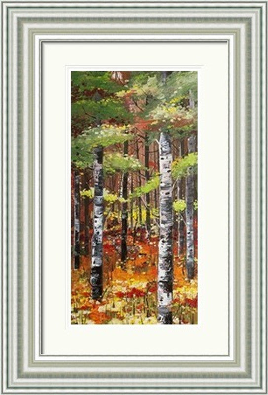 Silver Birches and Poppies by Daniel Campbell framed wall art print featuring pale silver birch trunks alongside vivid poppies and soft natural colour