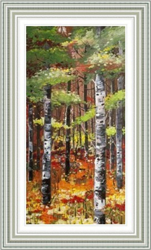 Silver Birches and Poppies by Daniel Campbell framed wall art print featuring pale silver birch trunks alongside vivid poppies and soft natural colour