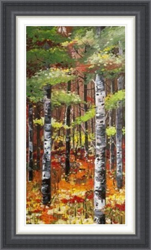 Silver Birches and Poppies by Daniel Campbell framed wall art print featuring pale silver birch trunks alongside vivid poppies and soft natural colour