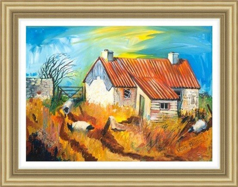 Tomintoul Croft by Ann Vastano framed wall art print showing a white cottage with a red roof, sheep and bright Highland skies