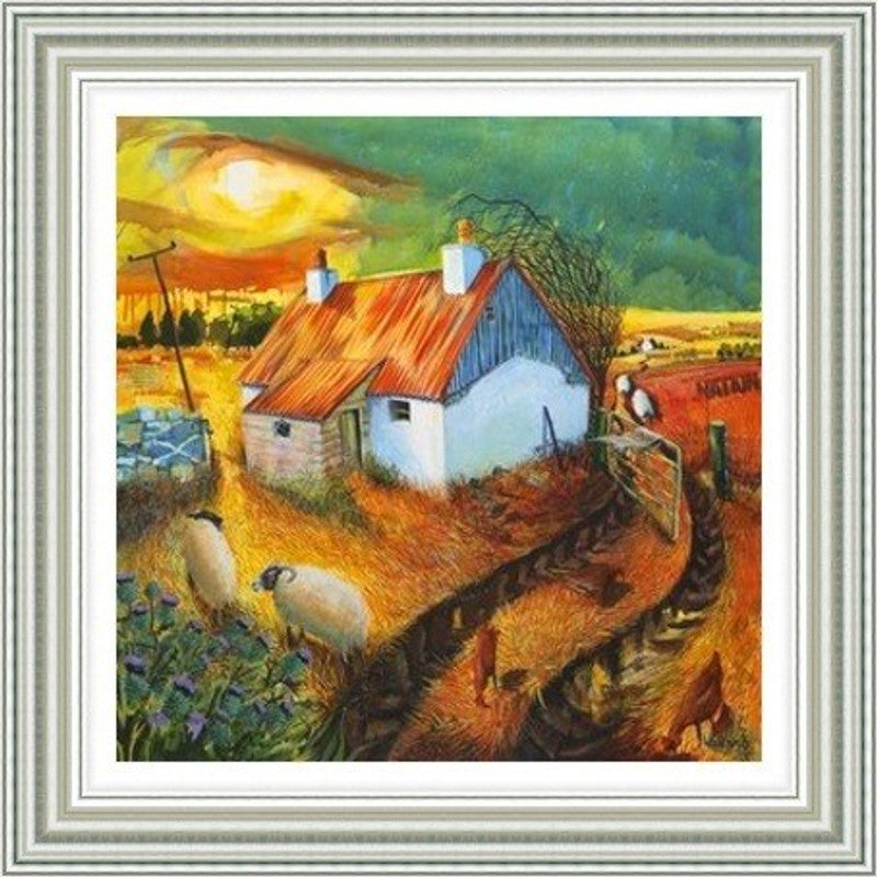 The Croft Winds of Change by Ann Vastano framed wall art print showing a white croft with a red roof, sheep, stone walls and a changing sky