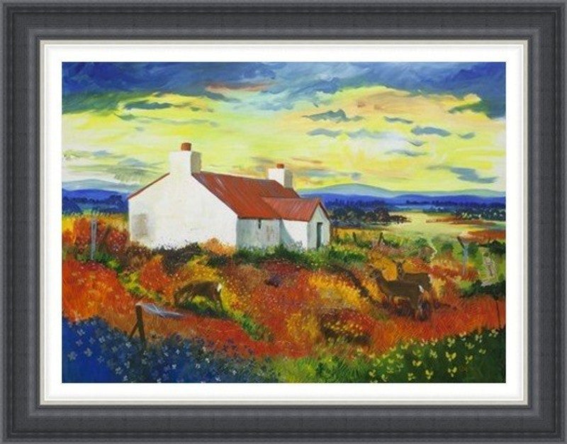 Summer Evening Grazing by Ann Vastano framed wall art print showing a white cottage, grazing animals and colourful countryside beneath an evening sky