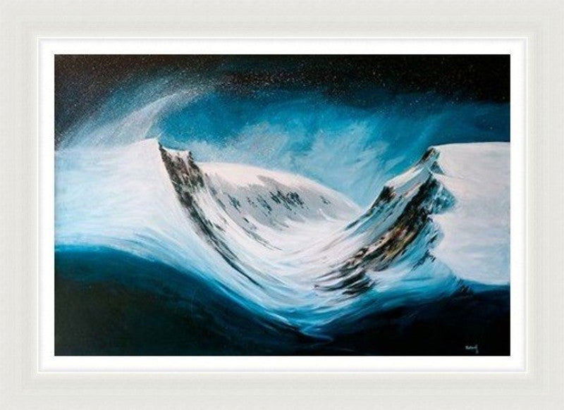 Lairig Ghru by Ann Vastano framed wall art print showing dramatic snow-covered Cairngorms peaks in deep blue, black and white tones