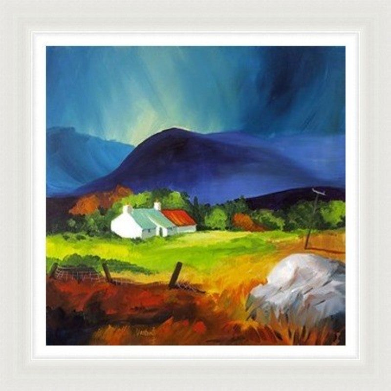 Break in the Storm by Ann Vastano framed wall art print showing a white Highland cottage, green fields and a dramatic dark blue storm sky