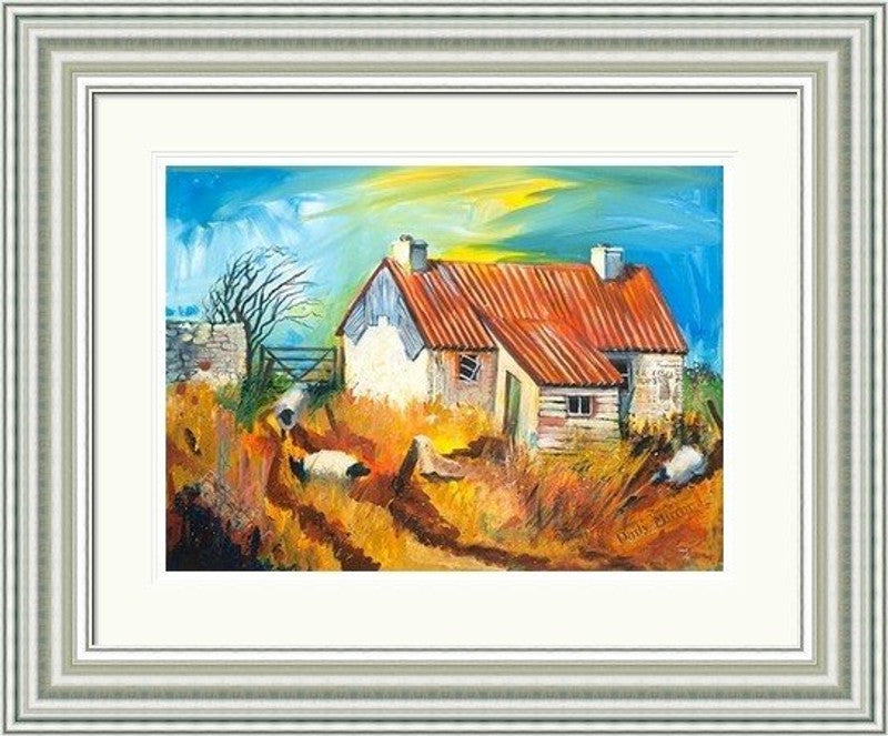 Tomintoul Croft by Ann Vastano framed wall art print showing a white cottage with a red roof, sheep and bright Highland skies