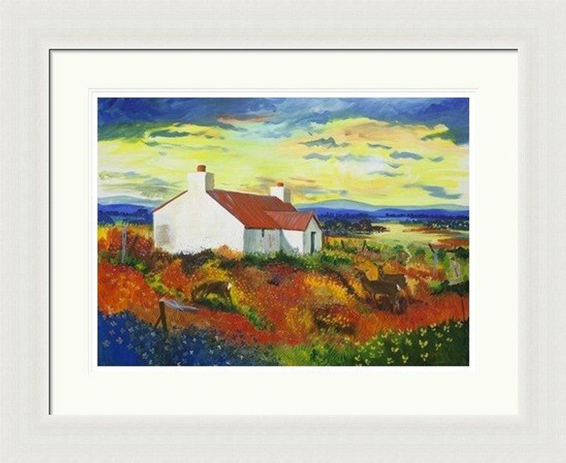 Summer Evening Grazing by Ann Vastano framed wall art print showing a white cottage, grazing animals and colourful countryside beneath an evening sky
