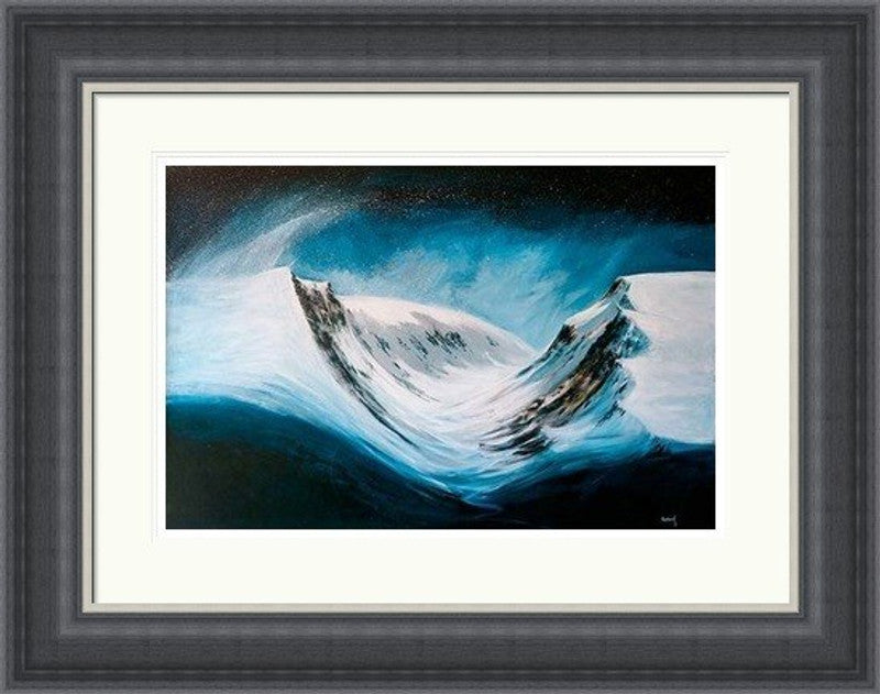 Lairig Ghru by Ann Vastano framed wall art print showing dramatic snow-covered Cairngorms peaks in deep blue, black and white tones