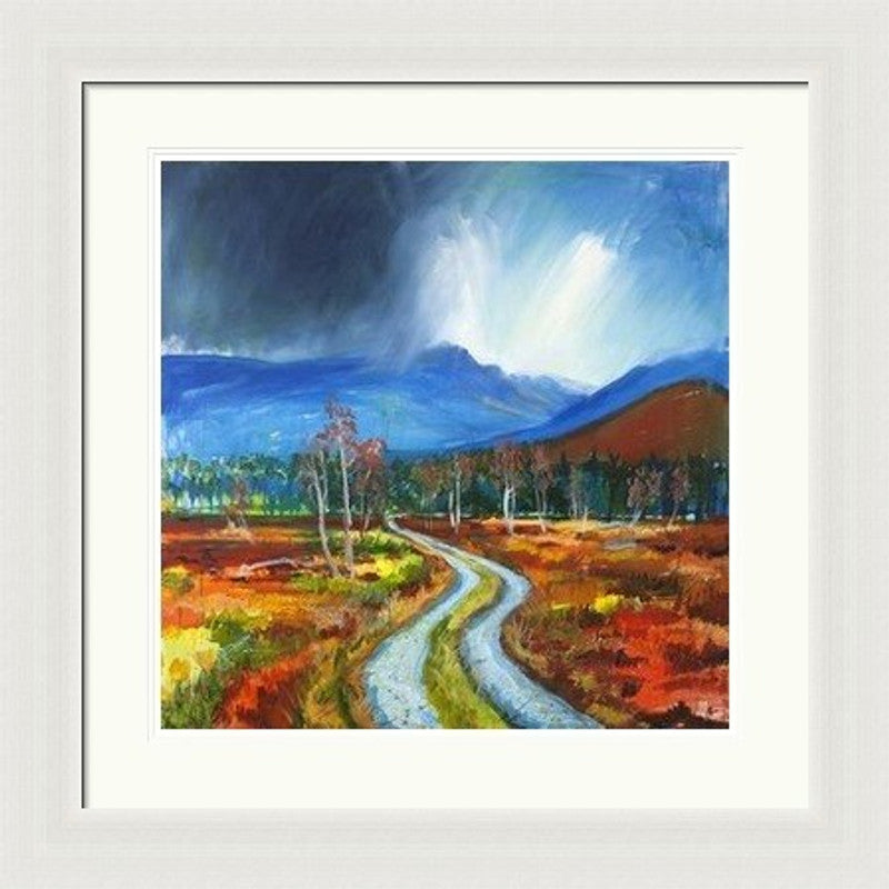 Drove Road to Lairig Ghru by Ann Vastano framed wall art print showing a winding Highland track, autumn moorland and blue Cairngorm mountains