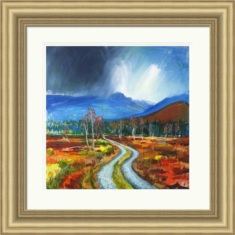 Drove Road to Lairig Ghru by Ann Vastano framed wall art print showing a winding Highland track, autumn moorland and blue Cairngorm mountains