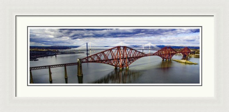 The Three Bridges Colour by Ian Marshall framed wall art print showing the three Forth bridges across the water in colour
