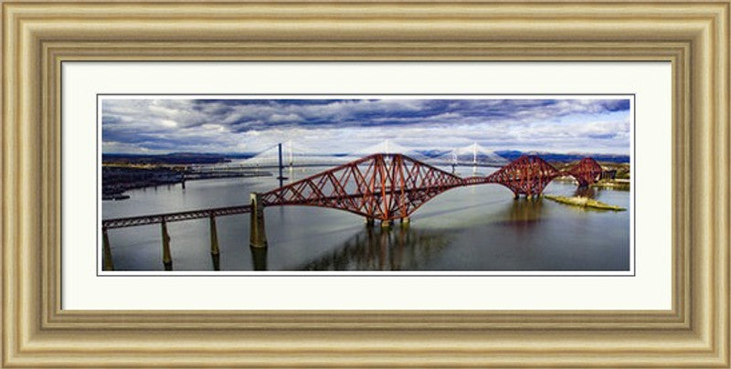 The Three Bridges Colour by Ian Marshall framed wall art print showing the three Forth bridges across the water in colour
