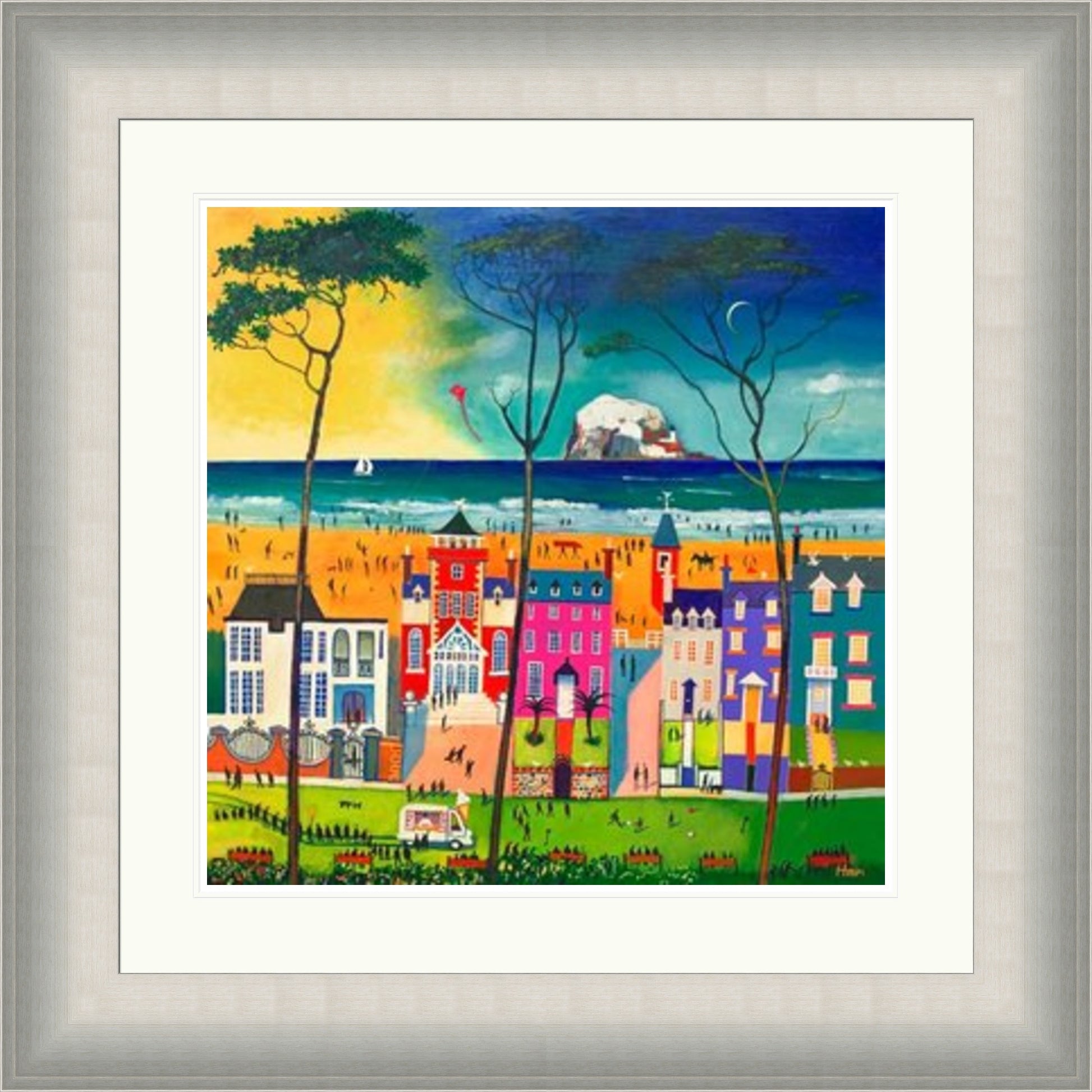 Holidays North Berwick by Rob Hain framed wall art print featuring a North Berwick holiday scene with seaside colour, beach life and relaxed coastal charm
