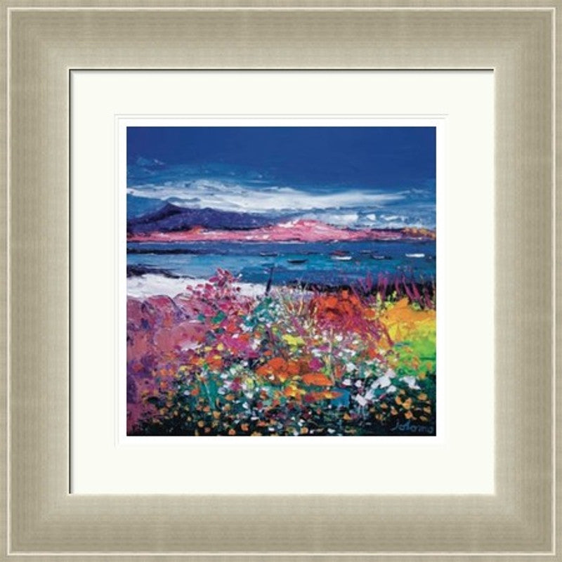 Front Gardens & the Moorings, Iona by Jolomo framed wall art print featuring boats, harbour details and working shoreline character with colourful flowers and textured foreground detail around Iona