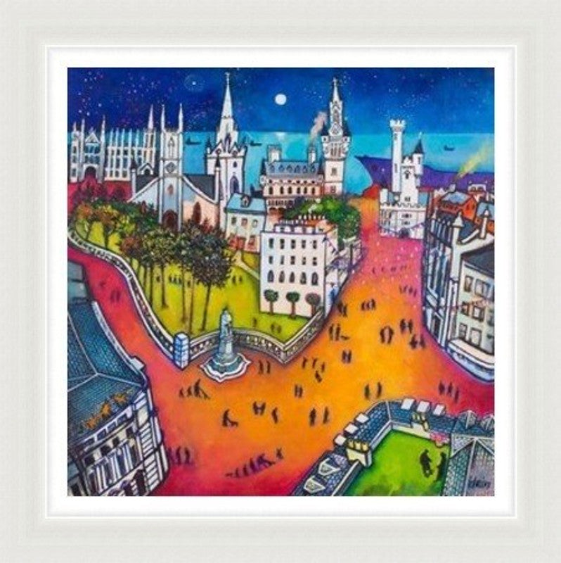 Union Street Aberdeen by Rob Hain framed wall art print featuring a lively Aberdeen Union Street scene with city architecture, movement and distinctive granite-town atmosphere