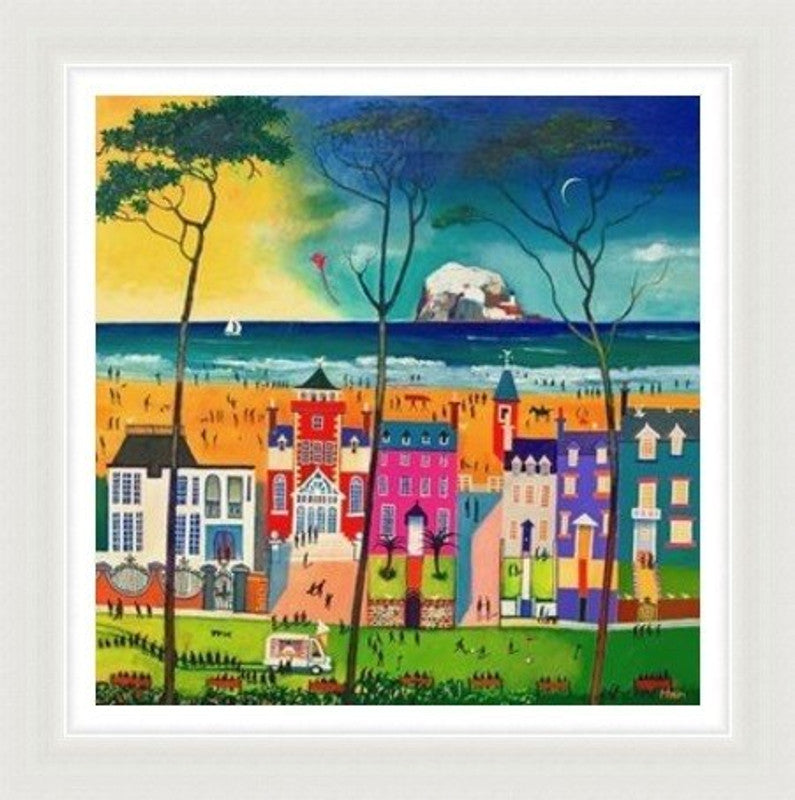 Holidays North Berwick by Rob Hain framed wall art print featuring a North Berwick holiday scene with seaside colour, beach life and relaxed coastal charm