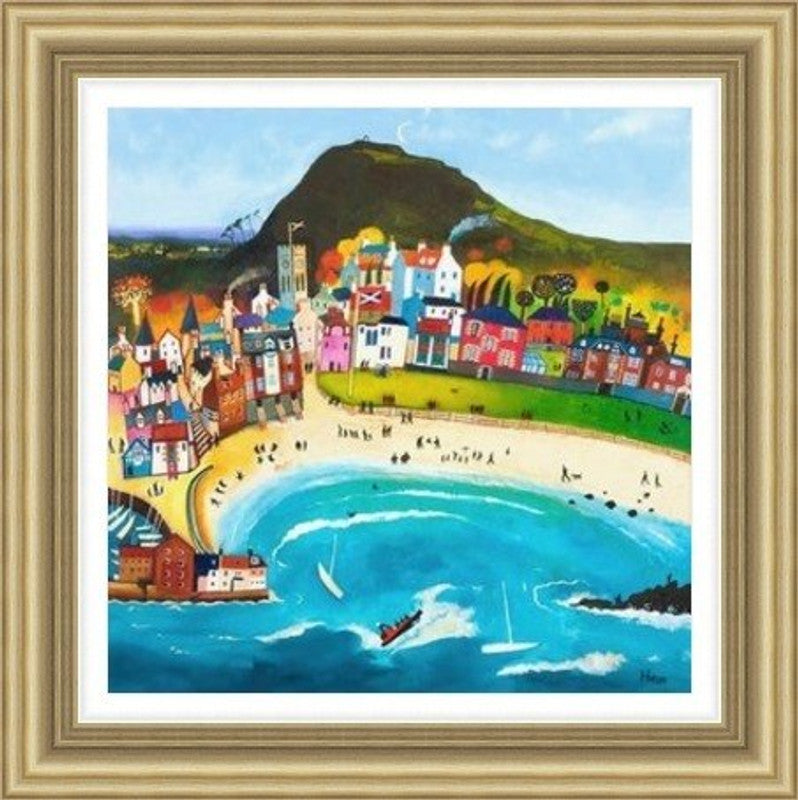 Day Out North Berwick by Rob Hain framed wall art print featuring a cheerful North Berwick day-out scene with coast, figures and holiday atmosphere