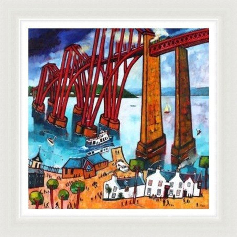 Crossing The Bridge by Rob Hain framed wall art print featuring a bridge-crossing scene with movement, landscape detail and a sense of journey