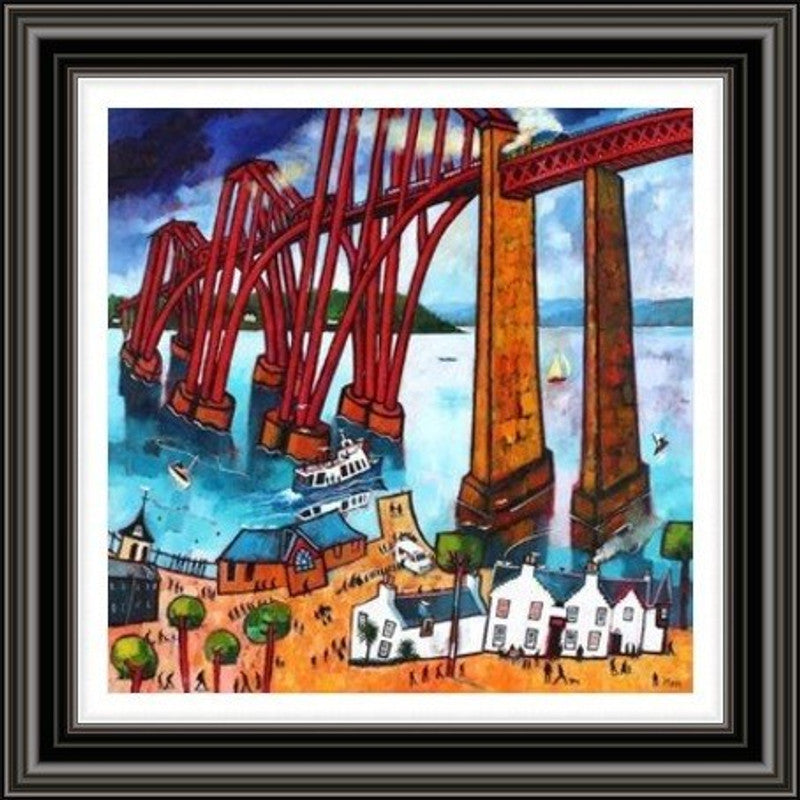 Crossing The Bridge by Rob Hain framed wall art print featuring a bridge-crossing scene with movement, landscape detail and a sense of journey