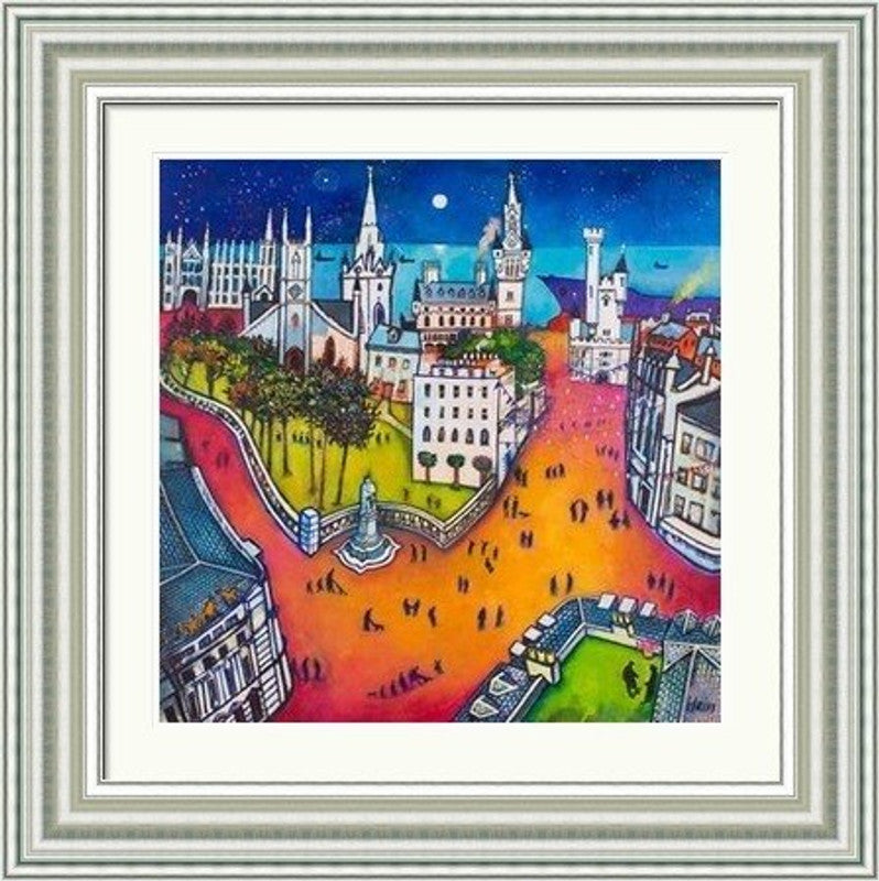 Union Street Aberdeen by Rob Hain framed wall art print featuring a lively Aberdeen Union Street scene with city architecture, movement and distinctive granite-town atmosphere