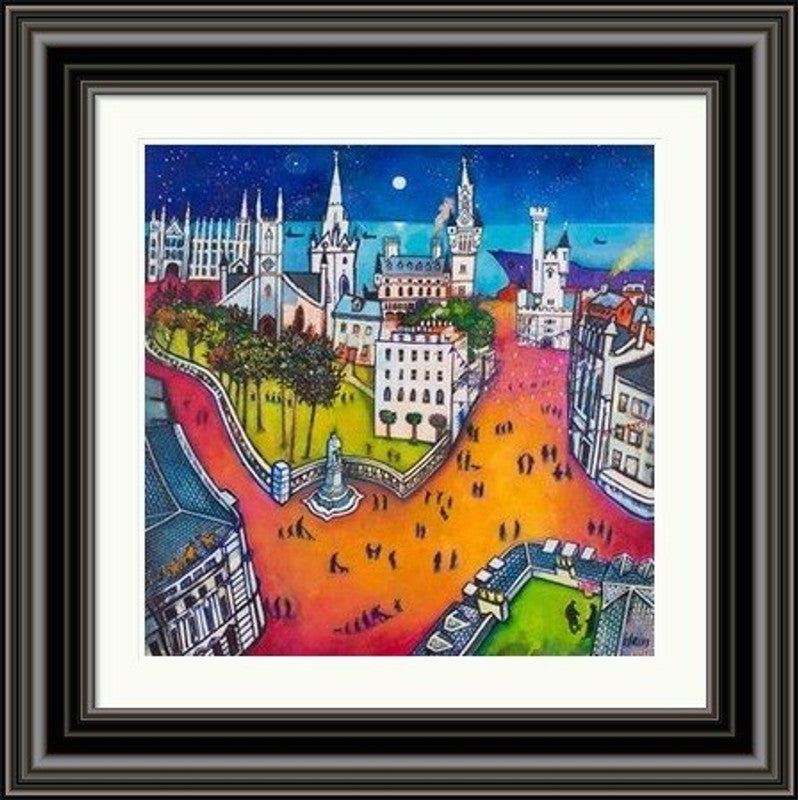 Union Street Aberdeen by Rob Hain framed wall art print featuring a lively Aberdeen Union Street scene with city architecture, movement and distinctive granite-town atmosphere
