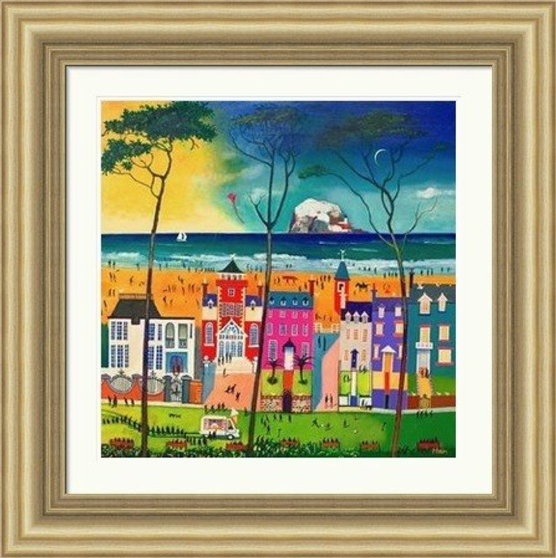 Holidays North Berwick by Rob Hain framed wall art print featuring a North Berwick holiday scene with seaside colour, beach life and relaxed coastal charm