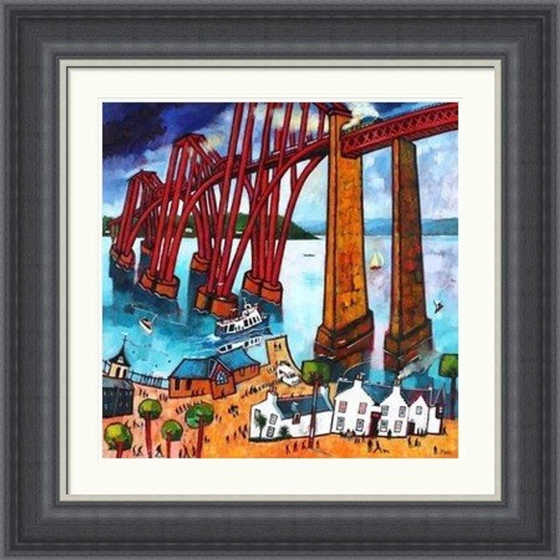 Crossing The Bridge by Rob Hain framed wall art print featuring a bridge-crossing scene with movement, landscape detail and a sense of journey