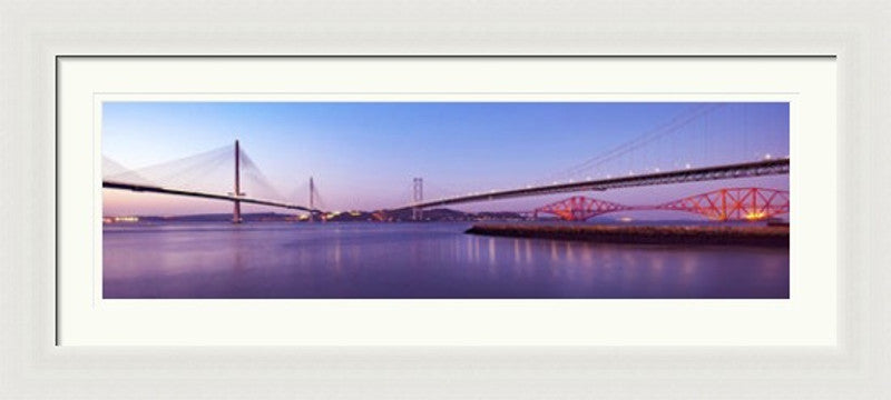 Three Bridges Purple by Ian Marshall framed wall art print showing the three Forth bridges in a purple toned panoramic scene
