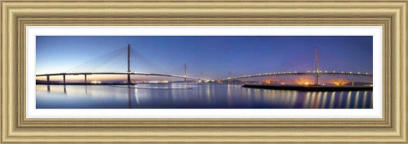 Three Bridges Blue by Ian Marshall framed wall art print showing the three Forth bridges in a cool blue panoramic scene