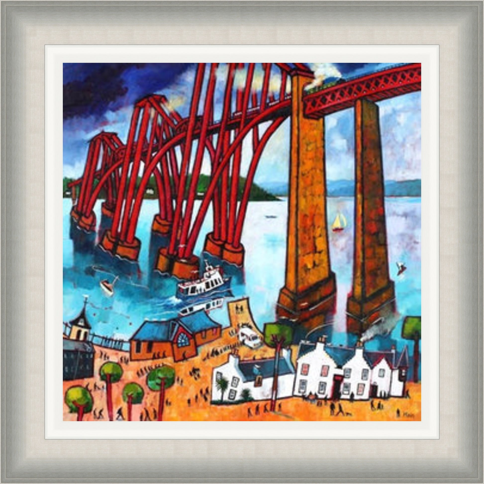 Crossing The Bridge by Rob Hain framed wall art print featuring a bridge-crossing scene with movement, landscape detail and a sense of journey
