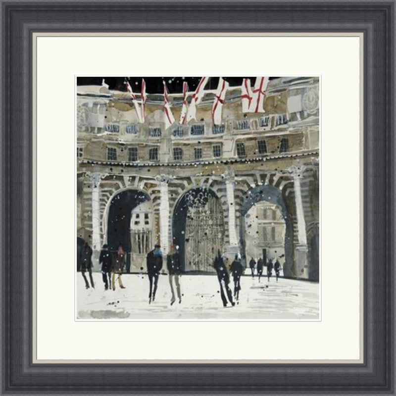 Admiralty Arch London by Susan Brown framed wall art print featuring grand stone arches, Union flags and city figures, shown in Grey Shallow Scoop frame