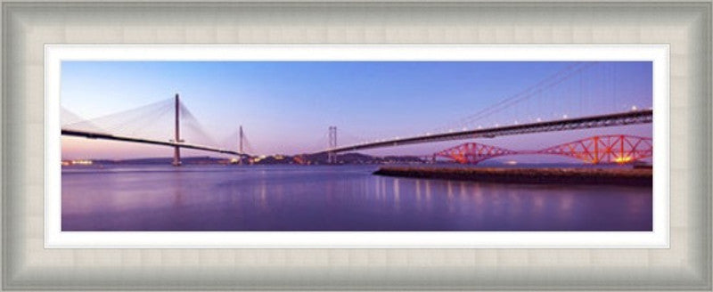 Three Bridges Purple by Ian Marshall framed wall art print showing the three Forth bridges in a purple toned panoramic scene