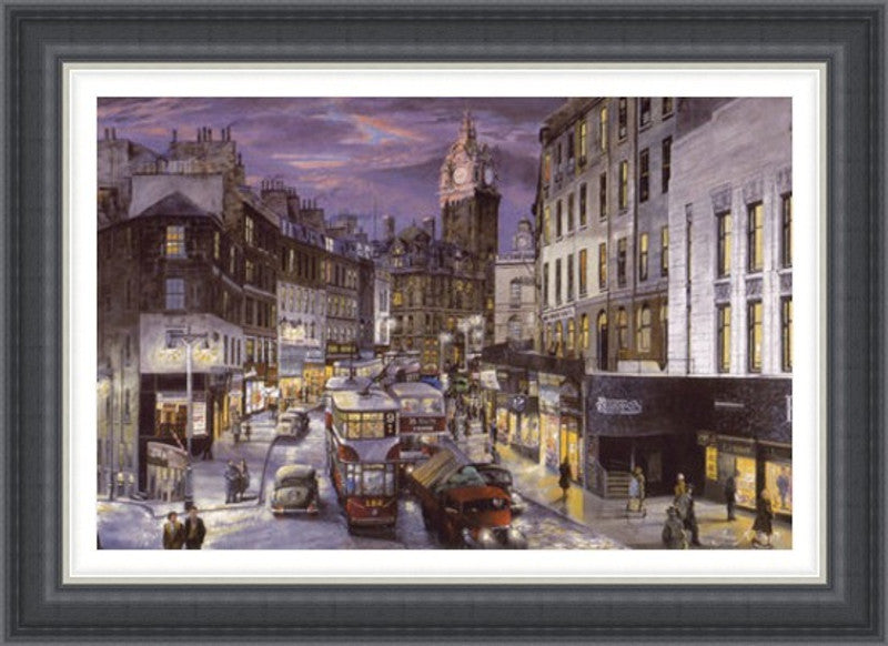 Rush Hour Leith Street, Colour by John M Boyd framed wall art print showing a busy colour view of Leith Street in Edinburgh with traffic, pedestrians, shopfronts and evening city lights