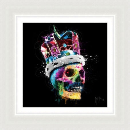 Freddie Mercury Skull by Patrice Murciano framed wall art print featuring a Freddie-inspired skull artwork with rock attitude, colour and dramatic contrast