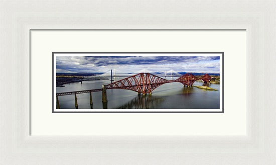 The Three Bridges Colour by Ian Marshall framed wall art print showing the three Forth bridges across the water in colour