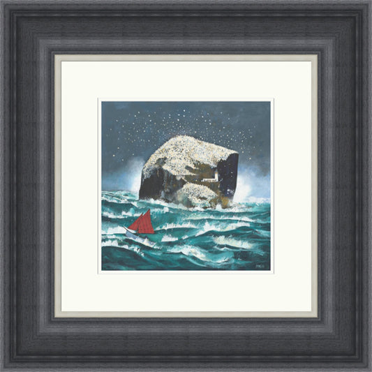 Bass Rock by Rob Hain framed wall art print featuring a coastal view of Bass Rock, bringing together sea, sky and the landmark island's distinctive silhouette