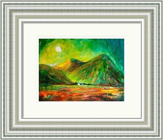 Glencoe, from High Bens to Low Houses by Ann Vastano framed wall art print showing green mountains, glowing orange ground and a small white house in Glencoe