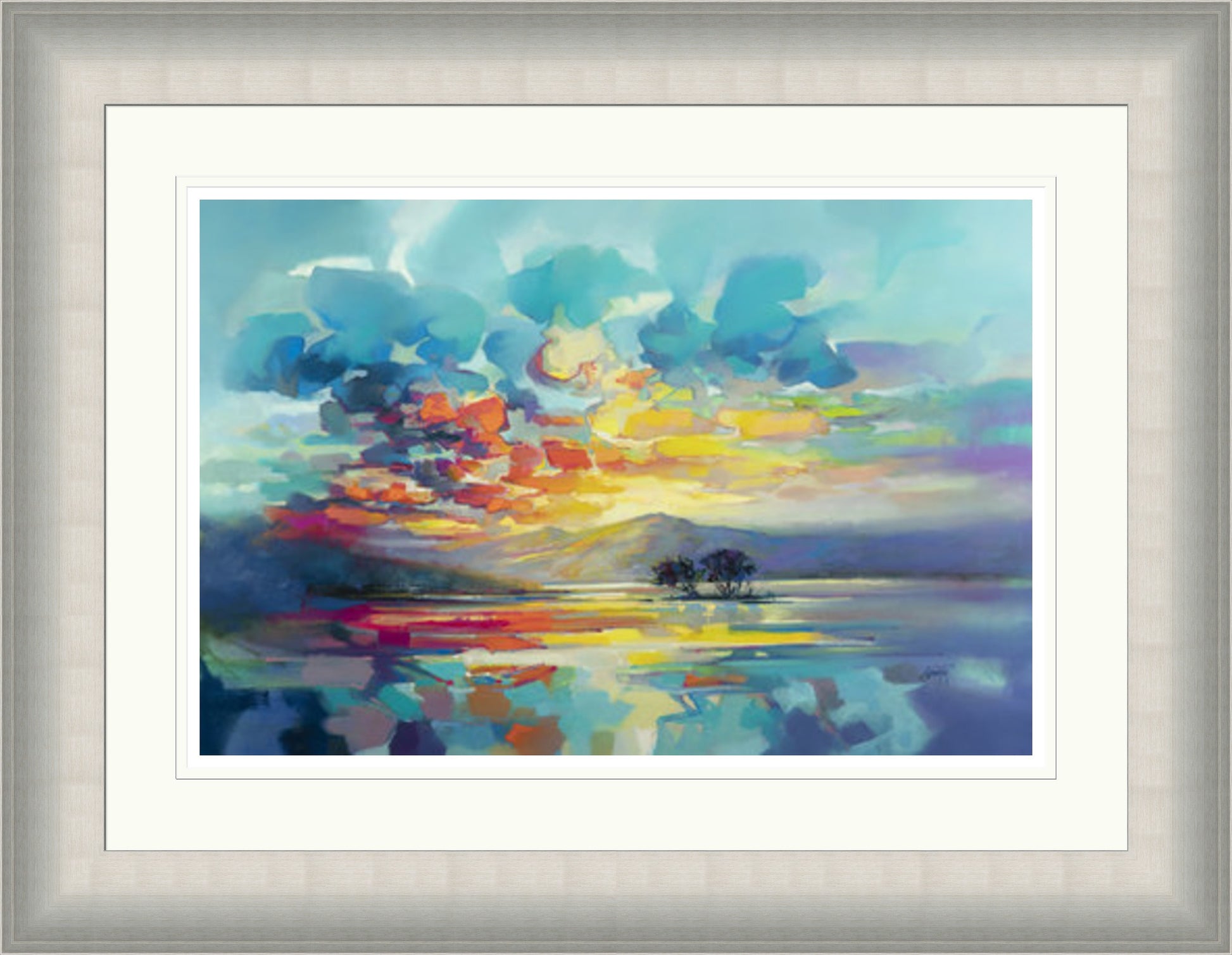 Loch Tay Resonance by Scott Naismith signed limited edition framed wall art print featuring Loch Tay and its surrounding hills resonating with colour and reflected light, shown in Champagne Silver Slope