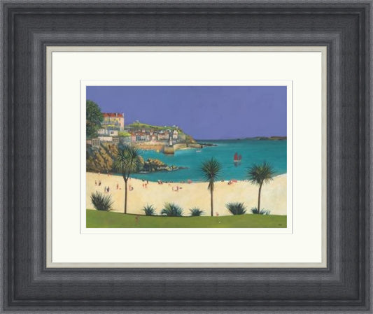Sun, Sea and St Ives by Rob Hain framed wall art print featuring a lively St Ives coastal scene with harbour charm, sea air and colourful seaside detail
