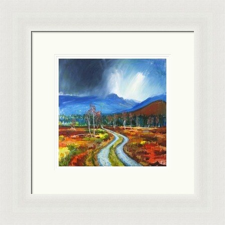 Drove Road to Lairig Ghru by Ann Vastano framed wall art print showing a winding Highland track, autumn moorland and blue Cairngorm mountains