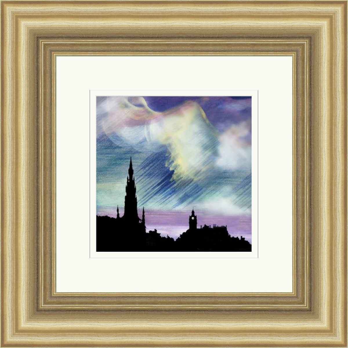 Heather Skies, Scott Monument by Esther Cohen framed wall art print showing the Scott Monument beneath heather-toned Edinburgh skies