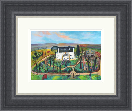 House of an Art Lover by Rob Hain framed wall art print featuring a bright, stylised view of House for an Art Lover, balancing Glasgow architecture, gardens and bold contemporary colour