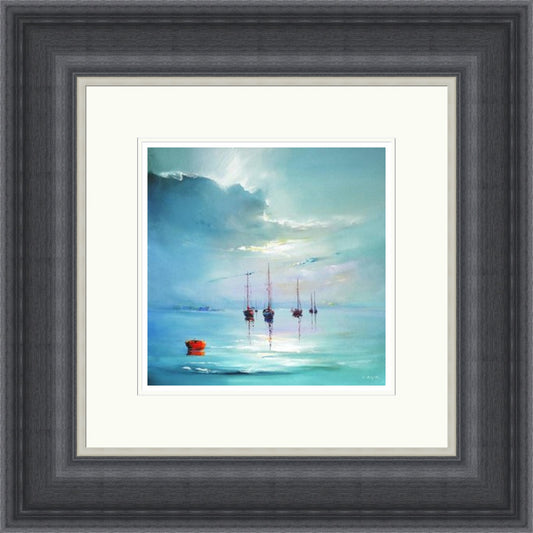 Variable Force 3 By Vega framed wall art print featuring sailing boats on calm blue water beneath changing storm clouds and shafts of silver light, shown in Grey Shallow Scoop frame